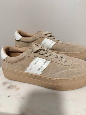 YAYA Women's Beige Suede Platform Sneakers White Stripes EU 37